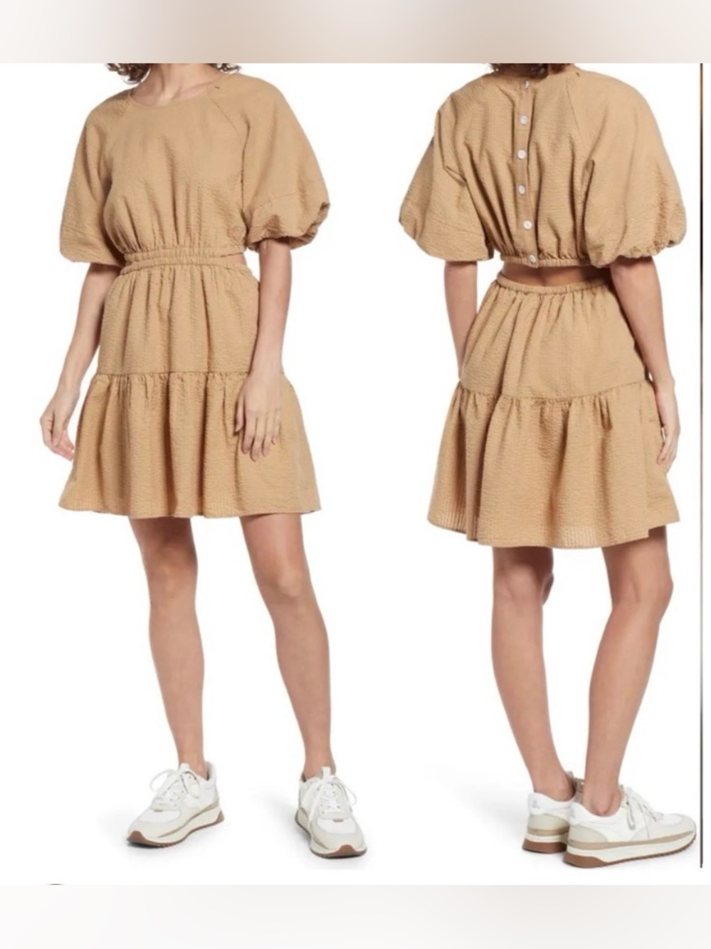 Madewell Seersucker Puff-Sleeve Cutout Mini Dress